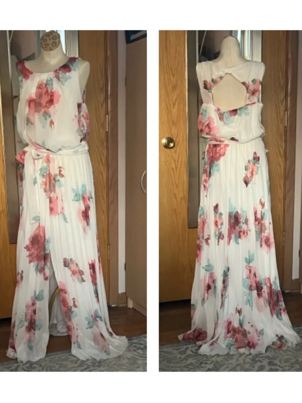 Floral Sleeveless chiffon dress with front slit and keyhole back detail size 8